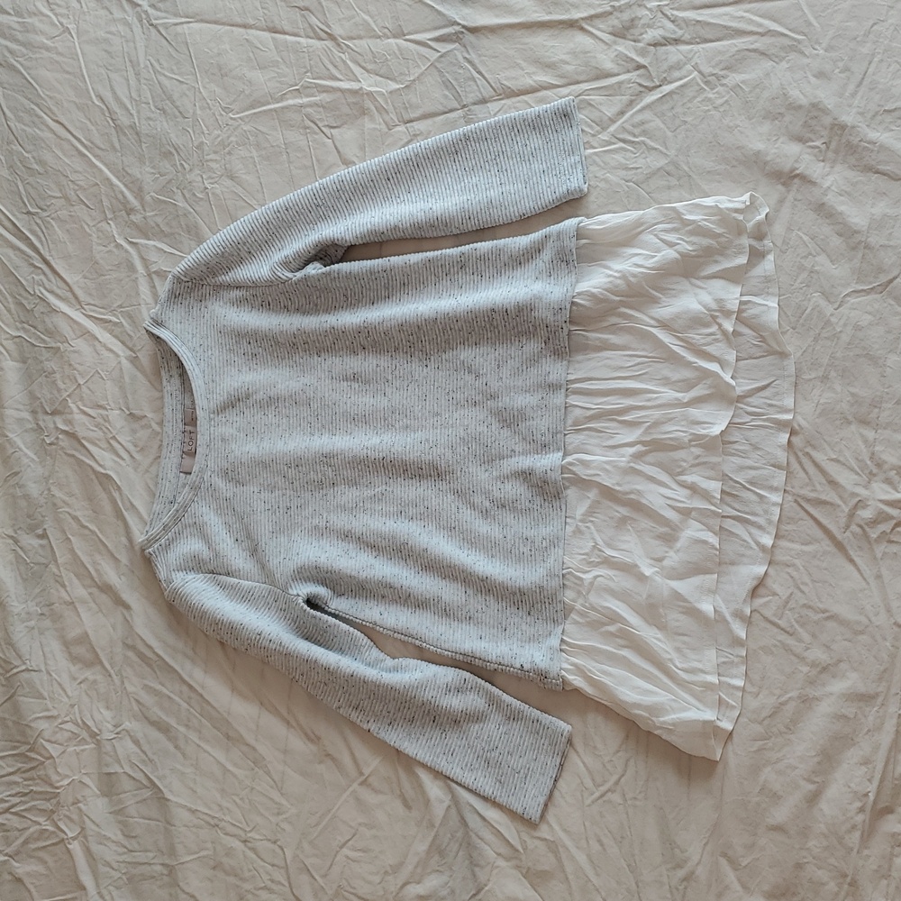 LOFT Light Gray Sweater with White Ruffled Hem